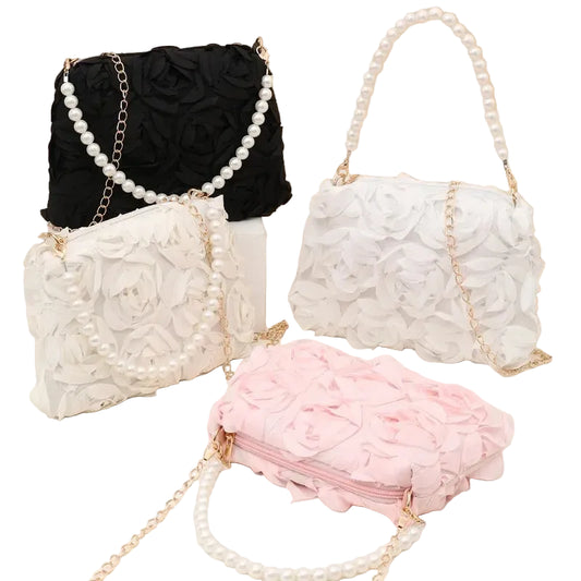 Bolsa Tiracolo Floral para Mulher — Mala de Ombro Pequena com Rosa 3D e Corrente